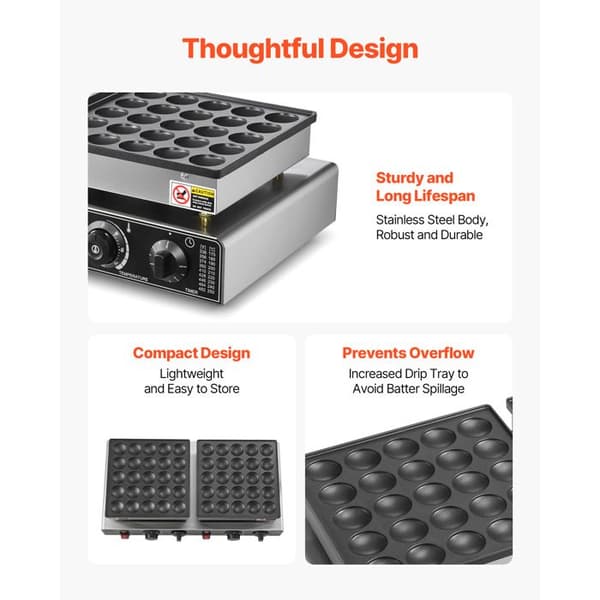 Mini-crepemaker Elektrisk - DUOKU - AK-H50 - Rostfritt Stål - 1800 W - 50 Mini-Våfflor Pengar