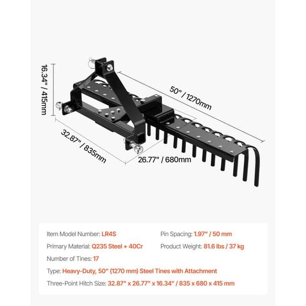 Trädgårdsharv draget - DUOKU - LR4S - 127 cm - 17 tänder stål - Trepunktsfäste Cat.1