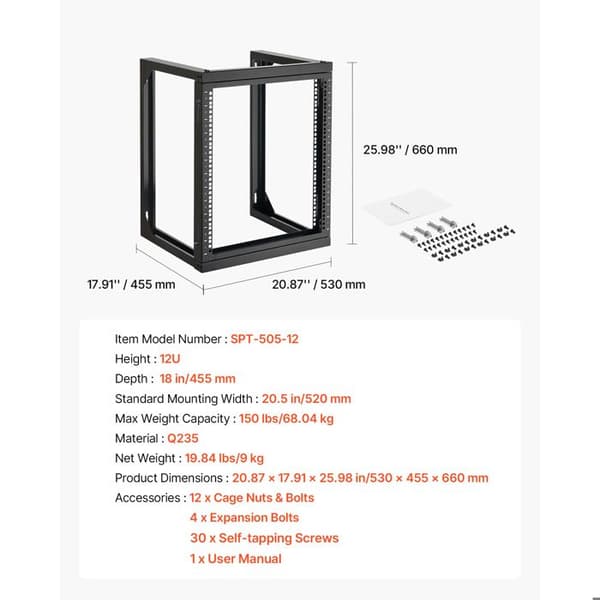 Vægmonteret rack til server - DUOKU - SPT-505-12 - 12U - Dybde 455 mm - Kapacitet 68 kg