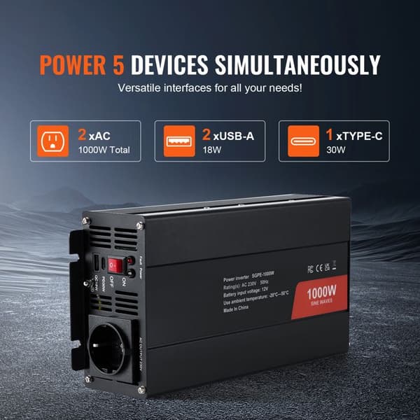 Inverter - DUOKU - SGPE-1000W - 1000 W - 2 AC-stik - 2 USB - 1 Type-C
