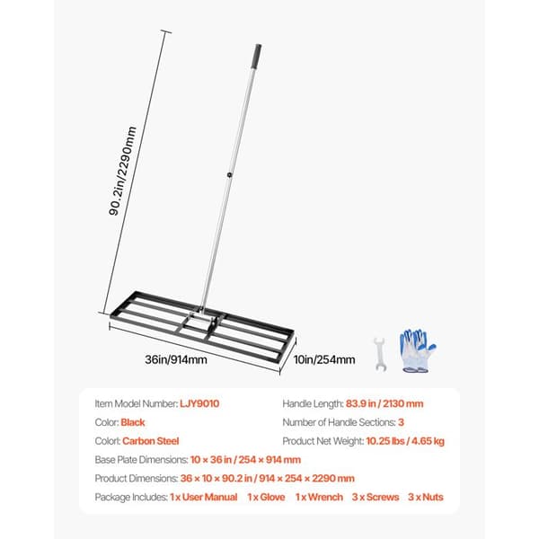 Niveau-rake til græsplæne-Duoku-Dimensioner 914 x 254 x 2290 mm-Nivellering med håndtag på 2130 mm-Perfekt til gård
