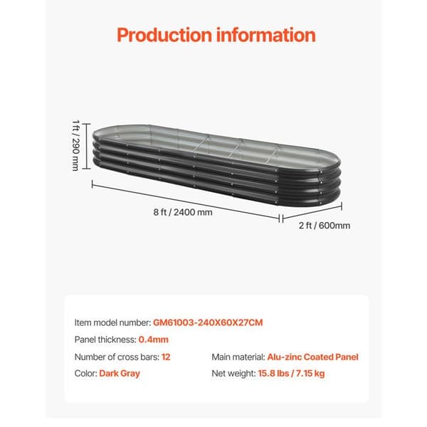 Höjdodling / Trädgårdsbädd - DUOKU - GM61003-240X60X27CM - Galvaniserad plåt - Oval - 240×60×29 cm Mörkgrå