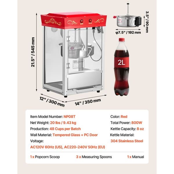 Popcornmaskine - DUOKU - NP08T - 800 W - Kapacitet 0,2 kg - 48 Kopper per Portion Röd