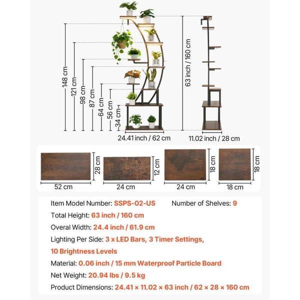 Support til Indendørs Planter - DUOKU - Hylde 9 Niveauer - 160 cm - LED Vækstlampen - Metal