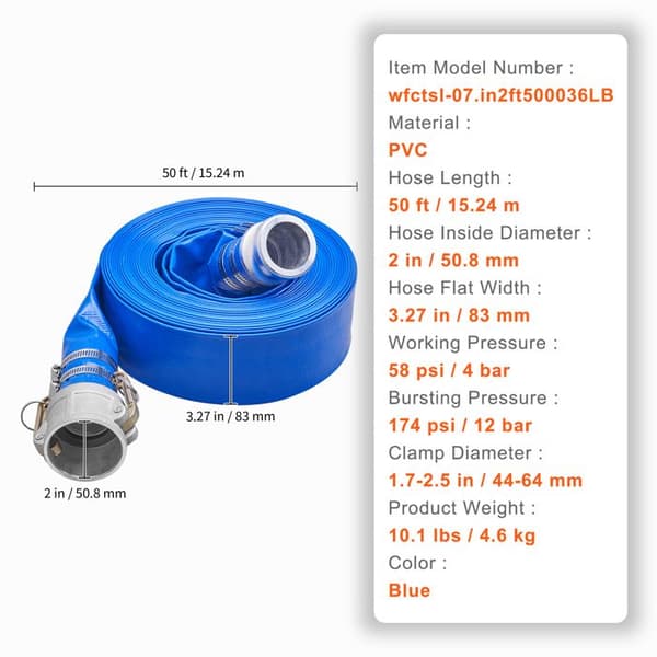 Tvättslang - DUOKU - 2 tum x 50 fot - Robust PVC - Camlock C & E kopplingar - Utomhus Blå