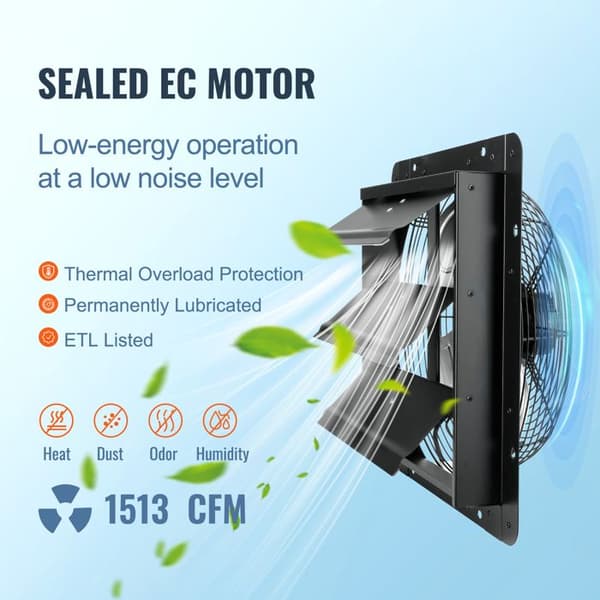 Udstødningsventilator med lukke-Duoku-356 mm-EC-motor 1024 CFM, vægmontering med variabel hastighed og controller