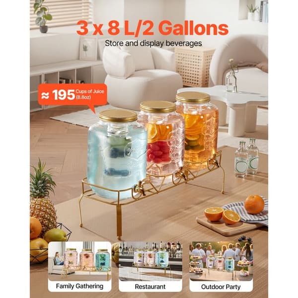 Drikkevaredispenser - DUOKU - 8 L - 3 stk - Glas karaffel - Metal stativ Transparent