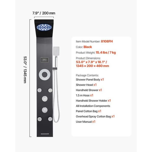 Væghængt Bruserstang - DUOKU - Regne-effekt Bruserhoved - LED Panel - Børstet Rustfrit Stål - 1345 mm Svart