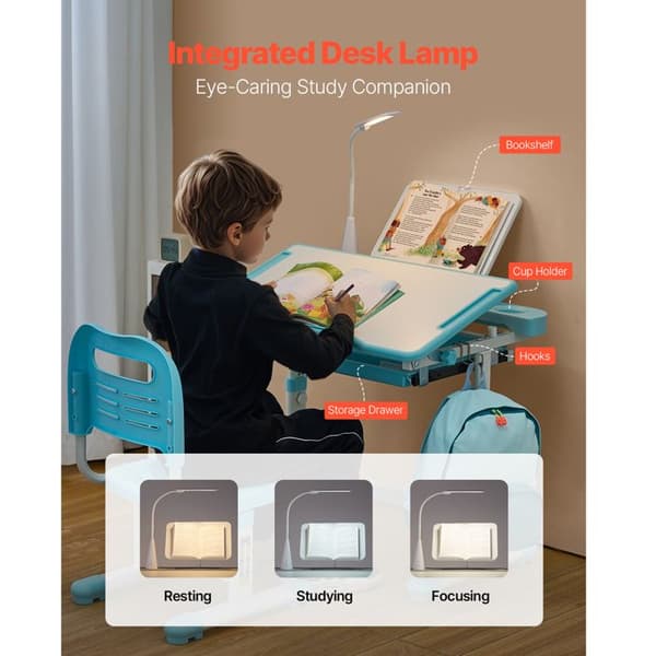 Sæt af Bord og Stole til Børn-Duoku-med Indbygget Lampe-Regulerbart Studiebord-Iden for Læsning og Læring