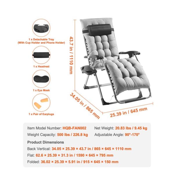 Gravity Chair - DUOKU - 26 Inches - Supports 500 lb - Adjustable - Gray Grå