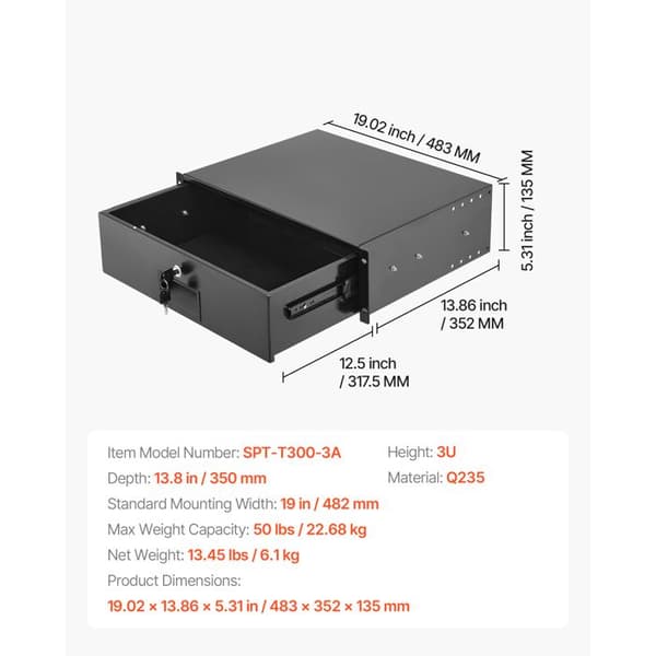 Låsbart rackskåp - DUOKU - SPT-T300-3A - 3U - Djup 350 mm - Belastning 22,68 kg