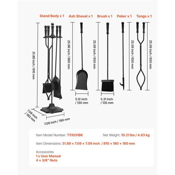 Eldstadstillbehör - DUOKU - T51031BK - Smidesjärn - 5-delars kit - Svart