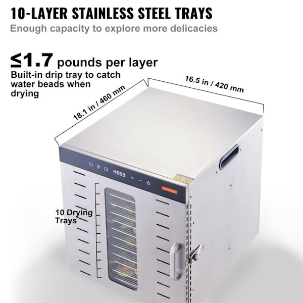 Madmad dehydrator - DUOKU - SS-10X - Rustfrit stål - 1000 W - 10 hylder