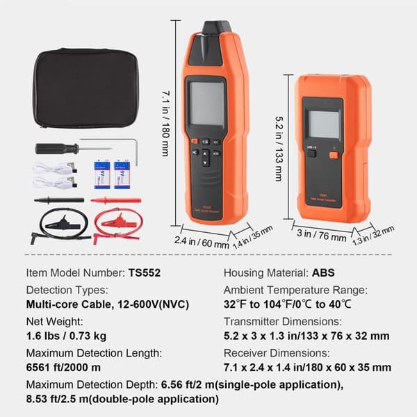 Kabelsøger - DUOKU - TS552 - Dybde 2,5 m - Rækkevidde 2000 m - Spænding 12–600 V (NCV)
