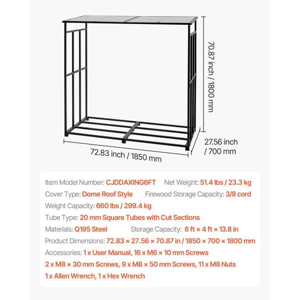 Trästöds DUOKU 185×70×180 cm - Galvaniserad vedställning, polykarbonattak, 3/8 snöre