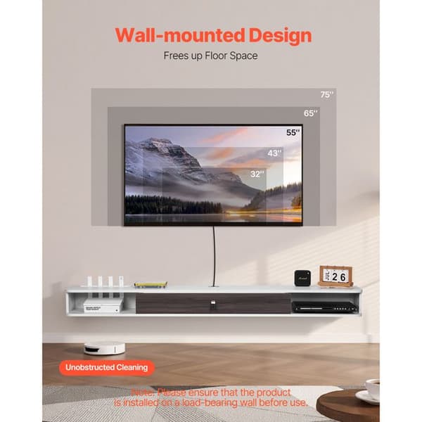 Väggmonterad TV-möbel - DUOKU - 180 cm - Multimedia-konsol - Kabelhantering - Modern hylla Vit