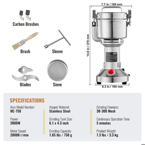 Mølle til korn - DUOKU - HC-750 - 2000 W - Rustfrit stål - 750 g