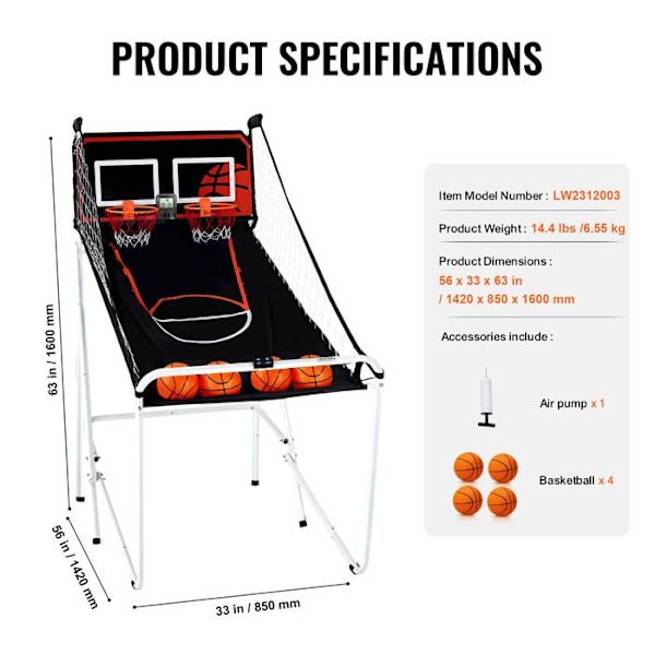 Basketball Arcade Spil - DUOKU - Sammenklappelig - 2 Spillere - 4 Bolde - 8 Tilstande - LCD
