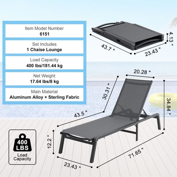 Chaise Longue Udendørs - DUOKU - Model 6151 - Justerbar 5 Positioner - Sammenklappelig - Mørkegrå Aluminium Mörkgrå
