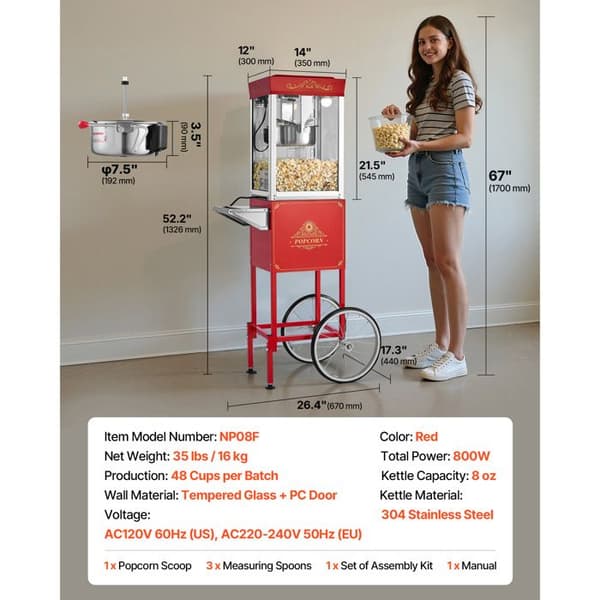 Popcornmaskin - DUOKU - NP08F - 800 W - 0,2 kg - 48 koppar per sats - Röd Röd