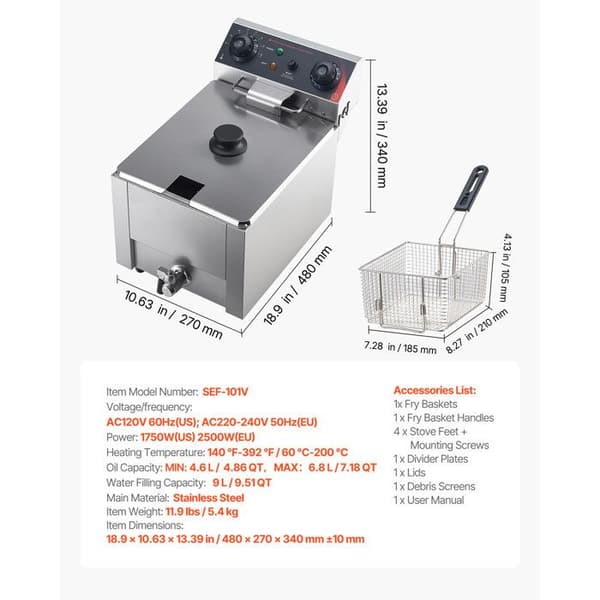 Professionel elektrisk frituregryde - DUOKU - SEF-101V - 6,8 L - 2500 W - Rustfrit stål, 60–200°C