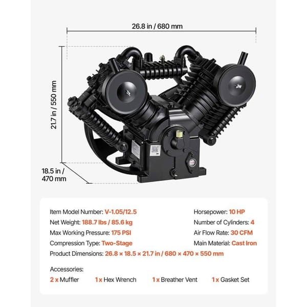 Luftkompressorhuvud - DUOKU - V-1.05/12.5 - 10 HP (7,46 kW) - 850 L/min - 175 PSI
