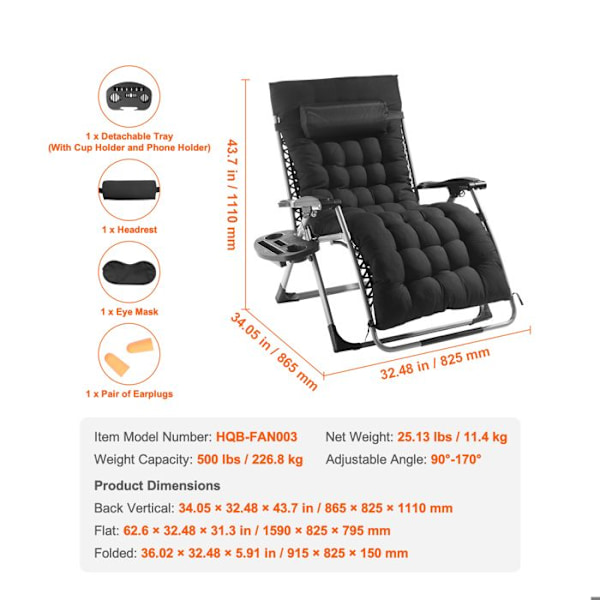 Zero Gravity Stol - DUOKU - 33 Tommer - Kapacitet 500 lb - Justerbar - Sort Svart
