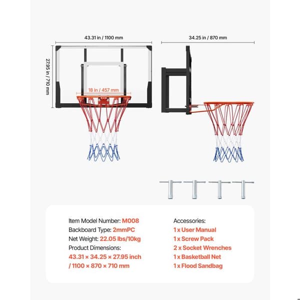 Vægmonteret Basketballkurv med 110 cm Panel - Duoku - Robust Ring System - Nylon Net og 2 mm Tykt PC Panel