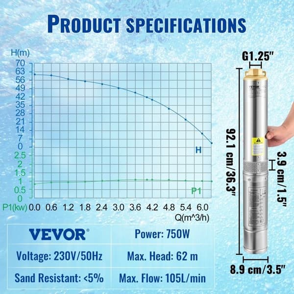 Dykpumpe - DUOKU - 750W - 230V - 105L/min - Rustfrit stål IP68