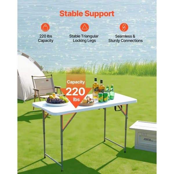 Foldable Rectangular Plastic Table-Duoku-Portable Utility Table of 122 cm-with Adjustable Height and Integrated Handle