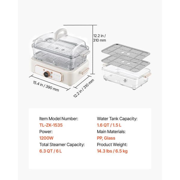 Dampkoger - DUOKU - TL-ZK-1535 - 6 L - 1200 W - 2 rustfrie stålplader