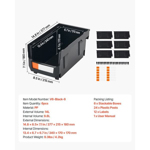 Stabelbare Opbevaringskasser - DUOKU - V6-Sort-6 - 377 x 215 x 180 mm - 6 stk. - PP Sort
