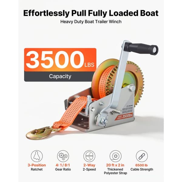 Manuel Winch 1588 kg-Duoku-Winch til Trailer og Båd med Orange Polyesterrem på 6,1 m, Egnet til Både, Trailers