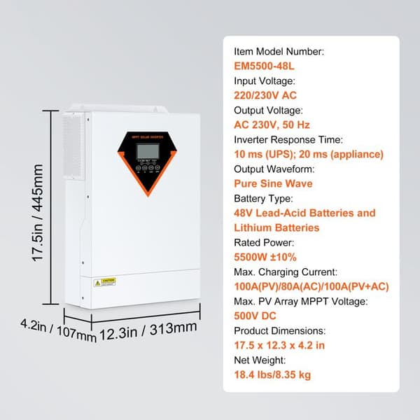 Hybrid Solcelleinverter - DUOKU - 5500W - Ren Sinuskurve - 230V AC - Ladecontroller