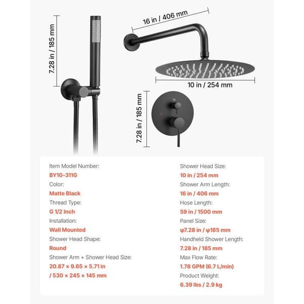 Duschsystem - DUOKU - BY10-311G - Rund Duschhuvud 25,4 cm - Duschset - Matt Svart Matte svart
