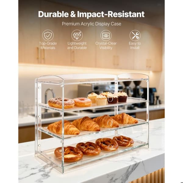 Vitrine Bageri-Diske-Duoku-48,2x23,2x38 cm-3 Niveauer-Display til Bagværk i Transparent Akryl