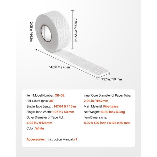 Tape - DUOKU - 5 cm x 45 m - Glasfiber - 36 Ruller - Gipspladefuger Vit