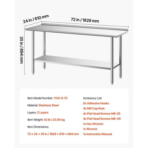 Arbejdsmiljø i Rustfrit Stål - Duoku - til Professionelt Køkken, Dimensioner 182,9x61 cm, til Forberedelse i Caféer