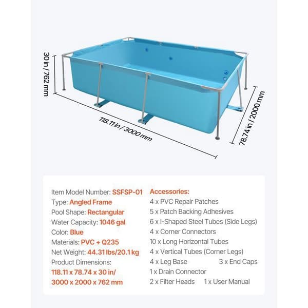 Rektangulær Overjordisk Pool - DUOKU - 3 x 2 x 0,76 m - Stålkonstruktion - Kapacitet 3959 L - Blå Blå