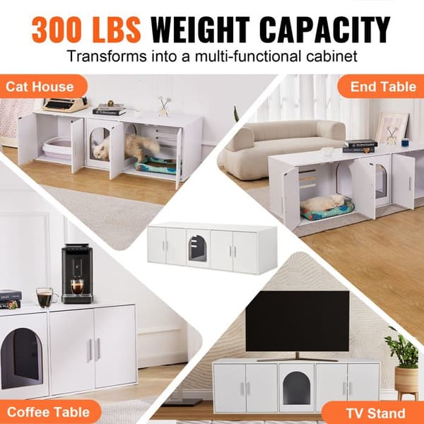 Kattlåda - DUOKU - Trämöbel - För 2 Katter - 57,9"L x 18,3"B x 17,9"H - Vit