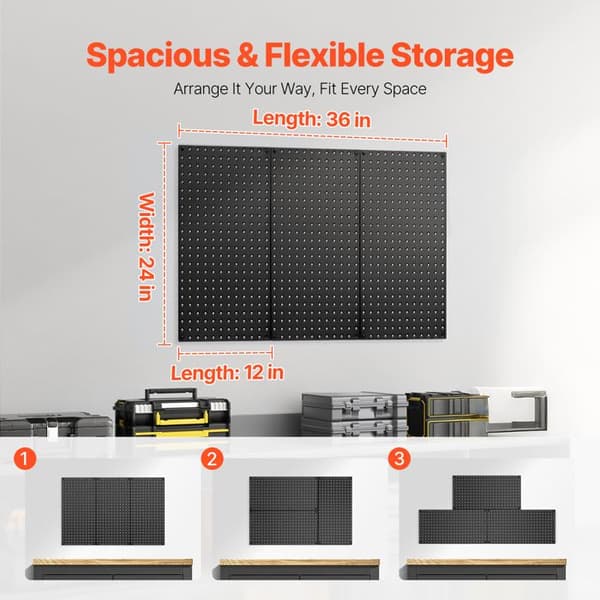 Perforerade Metallpaneler - DUOKU - 3 Paneler - Robust Stål - Svart Väggorganisatör - 24" x 12" Svart