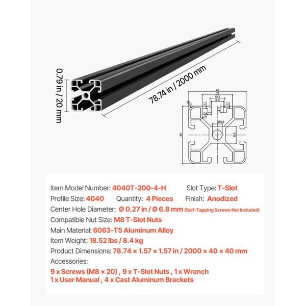 Extruderad aluminiumprofil - DUOKU - 4040T-200-4-H - Längd 2000 mm - Anodiserad - T-spår (M8)