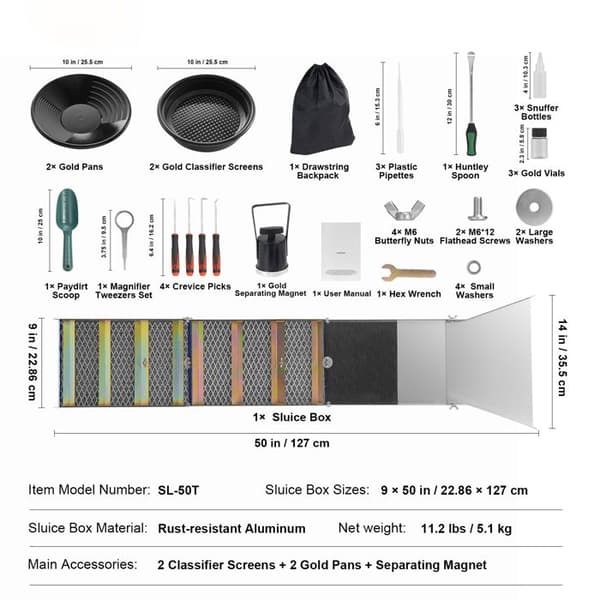 Foldable Sluice Box-Duoku-with Sluice Box-Aluminum Mining Extraction Equipment 50"-23 Piece Set