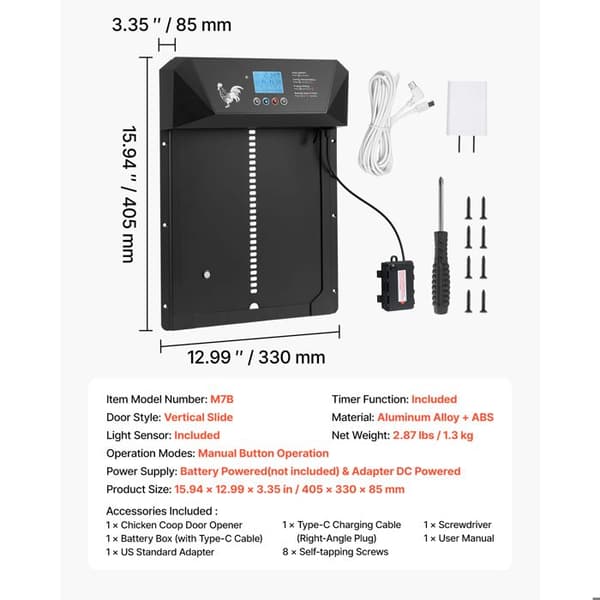 Automatisk Dør til Hønsehus-Duoku-Drift på Batteri og Strøm-Net-LCD-Skærm-Lysføler-Programmerbar Timer
