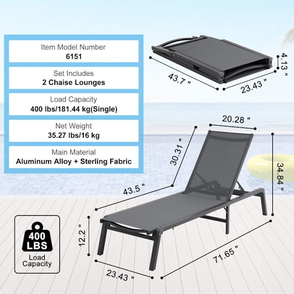 Chaiselong - DUOKU - 6151 - Aluminium - Mørkegrå - Foldbar - 2 Stykker Mörkgrå