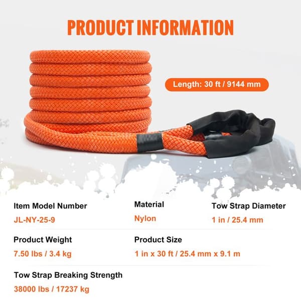 Kinetisk bugseringskabel - DUOKU - JLNY25-9 - 1" x 30' (25,4 mm x 9,1 m) - 38 000 lb - Elastisk nylon 30%