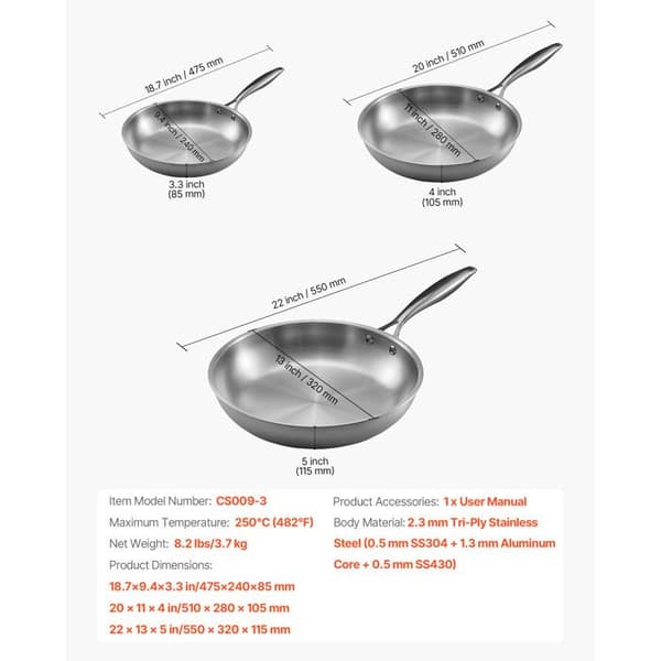 Pande / Sauteuse - DUOKU - CS009-3 - 3 dele 24/28/32 cm - Rustfrit stål 2,3 mm - Varmebestandigt håndtag