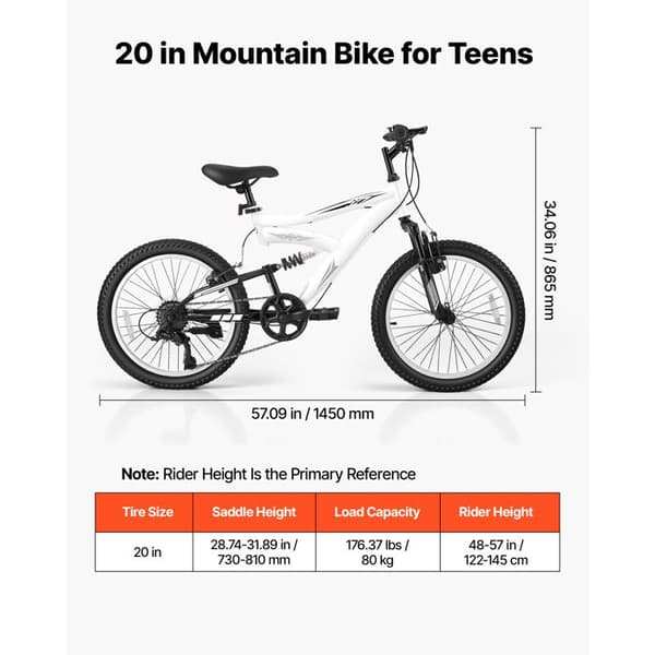 VTT 20 Tum, Terrängcykel för Tonåringar - Duoku - 6 Växlar, Fullfjädring, Lämplig för Stigar, Justerbart Säte