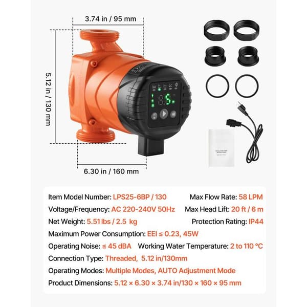 Värmevattencirkulationspump - DUOKU - LPS25-6BP/130 - Flöde 58 L/min - Höjd 6 m - Elektrisk