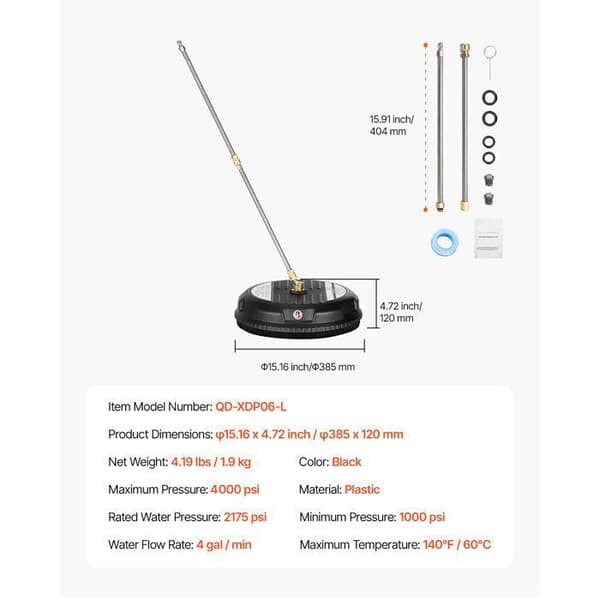 Trykskylleflade - DUOKU - 15" - 3000 PSI max - Plastiktilbehør - 4 Hjul Svart
